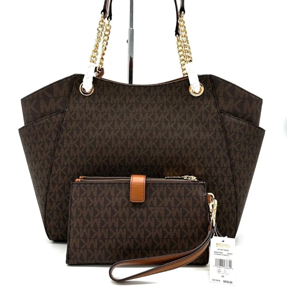 Michael Kors Large Jet Set Travel Chain Shoulder Bag & Double Zip Wallet Brown - Picture 5 of 15